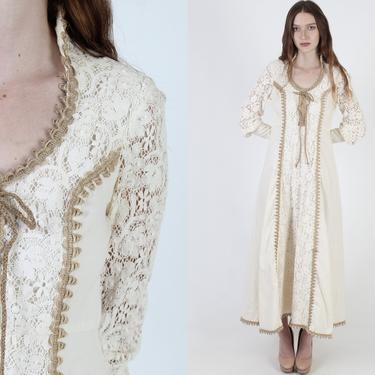 Jute Lace Up Corset Maxi Dress / Renaissance Faire Style Clothing / Vintage 70s Prairie Wedding / Muslin Homespun Porch Dress 