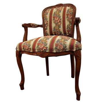French Country Ladies Fauteuil Carved Upholstered Open Arm Chair 