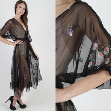 Hand Painted Floral Dress / Sexy Sheer Black Chiffon Dress / See Through Deep V Evening Dress / Transparent Thin Loose Fitting Maxi Dress 