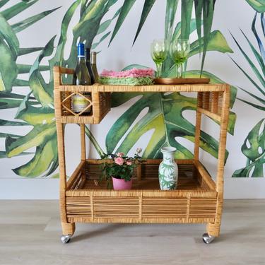 Vintage Bar Cart - Rare Hand Made Natural Wicker Bar Cart - Two Tier Cart with Side Compartment - Mid Century Rolling Bar Cart - Boho Style 