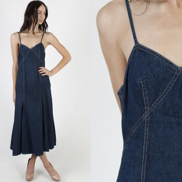 Moschino Milano Dress / 80s Blue Jean Dress / Vintage 1980s Deep V Sun Dress / Denim Spaghetti Strap Midi Maxi Dress Size US 8 