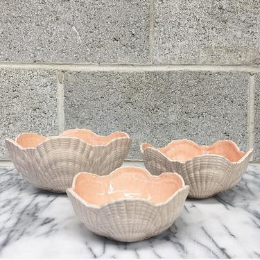 Vintage Bowls Retro 1990s Handmade + Pottery + Seashells + Glazed Ceramics + Set of 3 + Peach Color + Beach Theme + Home and Kitchen Decor 