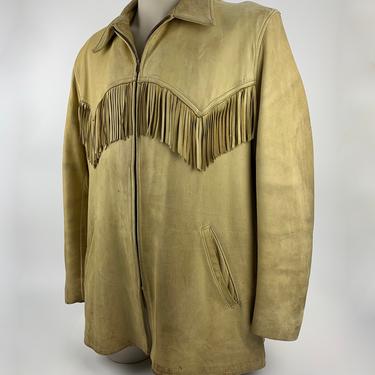 1950's Buckskin Fringe Jacket - Satin Lining - 2 Slash Pockets - Well Worn Patina - Men's Size Large 