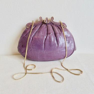 Vintage 1980's Lilac Purple Snakeskin Leather Purse Clutch Bag Shell Scallop Shape Gold Metal Frame Shoulder Chain 80's Handbags Ashneil 