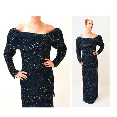 Vintage Lace Evening Gown Dress Dark Navy Blue Large XL XXL Rhinestone Lace Dress Gown Rose Taft Long Sleeve Lace Evening Pageant Long Gown 