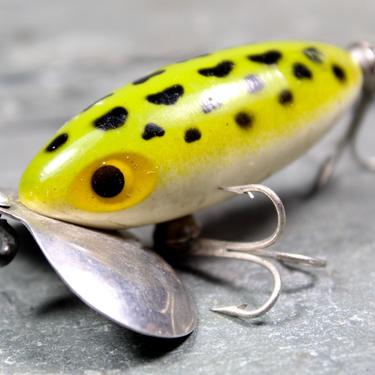 Fred Arbogast Vintage Jitterbug Fishing Lure - Circa 1950s - Bright Green with Spots Fishing Lure with Metal Plate | FREE SHIPPING 