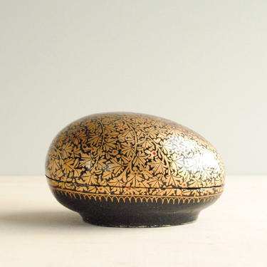 Vintage Egg Shaped Box, Lacquered Box, Gold and Black Box with Tree Motif, Small Box, Hand Painted Box from India 