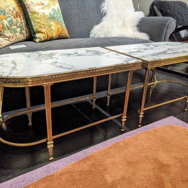 Two Piece Marble and Brass Coffee Table or Pair of Side Tables
