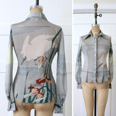 vintage 1970s button front blouse • crane print 