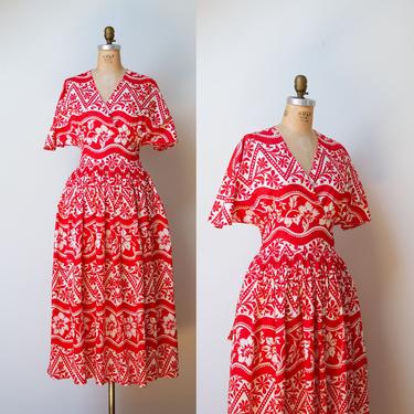 1980s Sonia Rykiel Dress / 80s Red and White Floral Print Midi Sundress 