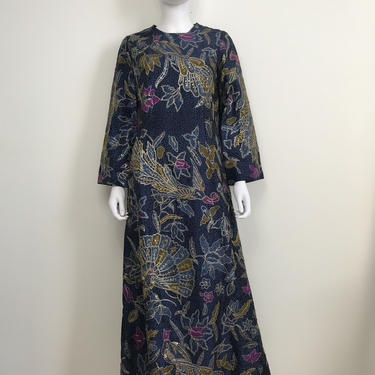Vtg 70s silk bird peacock embellished maxi dress caftan S M 