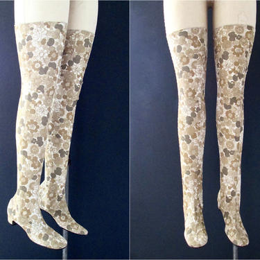 GOING THIGH HIGH Vintage 60s Chandler Floral Knit Boots, 1960s Beige Flower Power Over the Knee Boots | 70s 1970s Hippie Mod Boho | Sz 8 1/2 