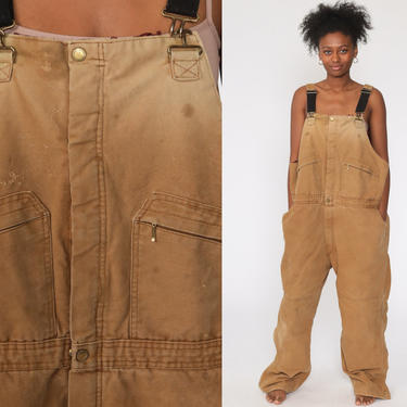 Tan INSULATED Overalls Distressed Coveralls Workwear Brown Baggy Bib Pants Work Wear Long Cargo Vintage Dungarees Extra Large xl xxl 