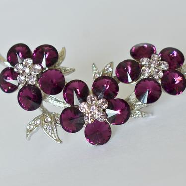 60's rhinestone flowers leaves elegant bling brooch, mid-century purple pink clear crystal silver plated metal floral sparkle statement pin 