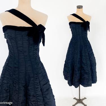1940s Black Ruched Silk Cocktail Dress | 40s Black Silk Taffeta Party Dress | XS 