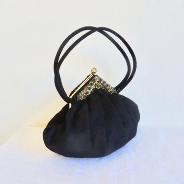 Vintage 1940's Guild Creations Black Wool Purse Gold Metal Frame with Glass Gems Top Handle 40's Evening Cocktail Party Handbag WW2 Era 