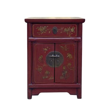 Chinese Rustic Brick Red Golden Graphic End Table Nightstand cs7172E 