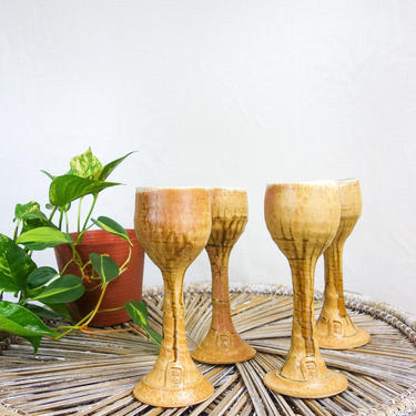 Vintage set of 4 stoneware goblets 9&quot; tall, 70s barware handmade ceramic cups drip glaze studio pottery wine glasses for hippie home decor 