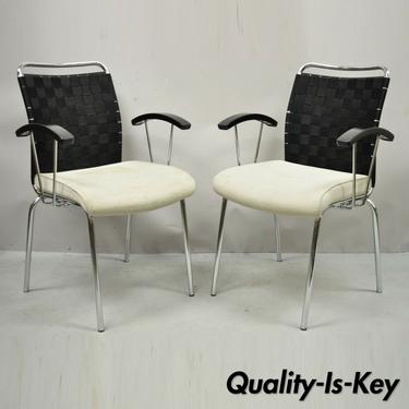 Vintage Mid Century Modern Italian Woven Back Chrome Frame Arm Chairs - a Pair
