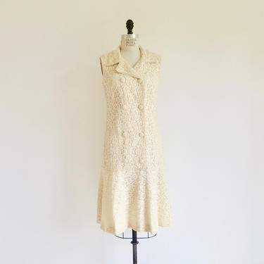 Vintage 1960's Mod Ivory Creme Lace Dress Collared Double Breasted Drop Waist Sleeveless Shift Mary Quant Style London Alfred Werber Medium 