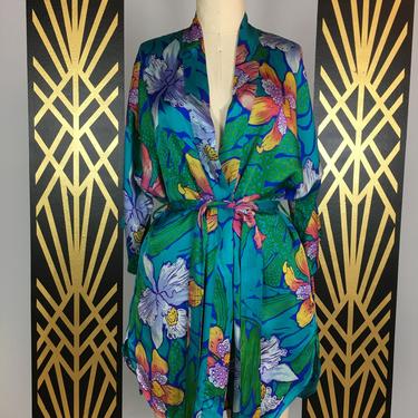 1980s silk robe, Lauren Alexandra, vintage housecoat , size medium, tropical print, Turquoise floral, iris, loungewear, summer, cropped, 36 