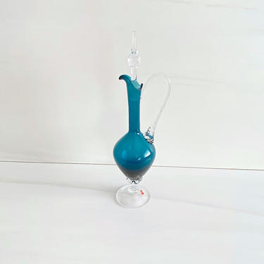 Vintage Mid Century Modern Italian Murano 16&quot; Tall Art Glass Footed Decanter with Flame Stopper Blue & Clear Italy 1960s 