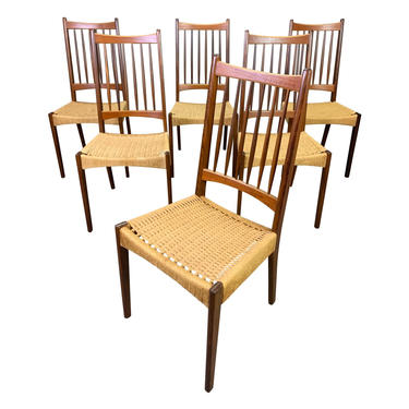 Vintage Danish Mid Century Modern Teak High Back Dining Chairs. Set of Six. 
