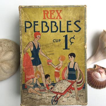 Antique American Candy Company Box, Rex Pebbles Candy, Beach Scene, Family At Lake Or Ocean, Candy Box, Milwaukee Wi 