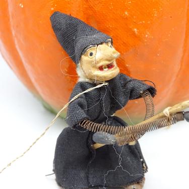 Vintage Halloween Witch on Broom Ornament, Antique Spring Arms, Hand Painted Features, Retro Party Decor 