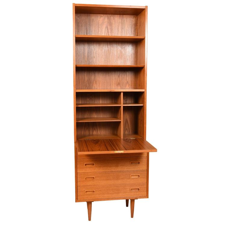Studio-Sized Teak Mini-Dresser Secretary w/ Locking Bookcase Top