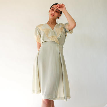 Vintage 30s Wrap Day Dress With Irish Carrickmacross Lace Collar |  Faint Blue Rayon Blend Slip Dress | Lingerie Dress | 1930s 1940s Rayon 