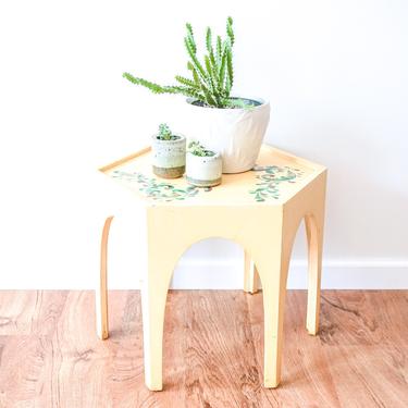 Charming Yellow Vintage Solid Wood Hand Painted Hexagon Accent Table 