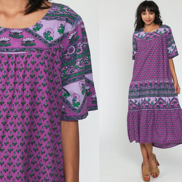 Boho Hippie Dress Purple Floral Dress Tent Dress Bohemian 80s Vintage Tunic Trapeze Midi 1/2 Sleeve Cotton Dress Indian Dress Large 