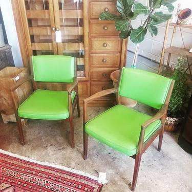                   Pair of teak and "apple green" mid century modern arm chairs