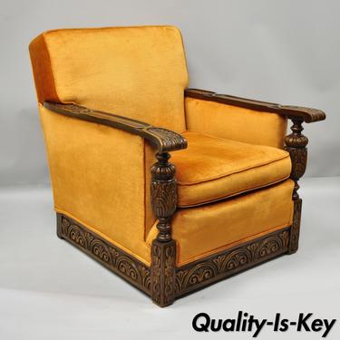 Carved Walnut Jacobean Renaissance Revival Club Lounge Chair Orange Velvet