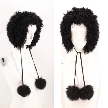 70s shearling fur pom pom hat / vintage 1970s black shaggy lamb fur hood 