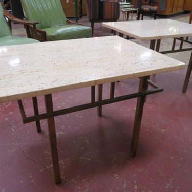 Vintage MCM pair of brass and marble top tables 