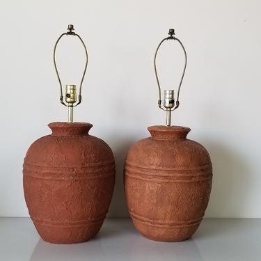 1978 Vintage Faux Terracotta Finish Pottery Table Lamps - a Pair 