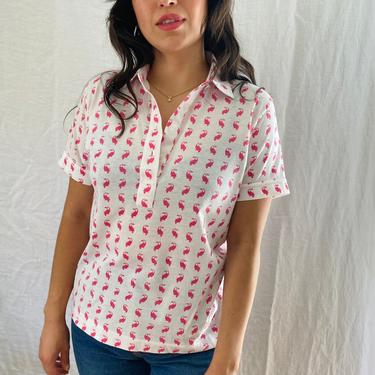 70s Vintage Toucan Novelty Print Polo - Retro 1970s Short sleeve Collared Fitted Shirt - Pink & White 