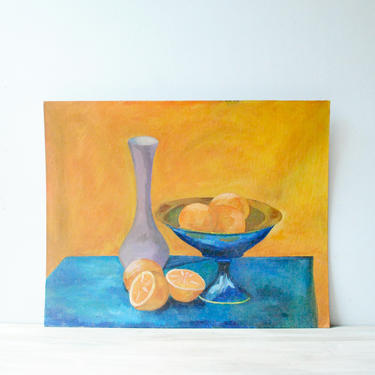 Vintage Still Life Painting, Fruit Still Life Painting, Blue and Yellow Painting, Painting of Oranges in a Bowl 