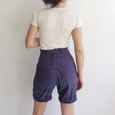 Vintage 60s Back Buckle Madras Plaid Cotton Shorts/ 1960s High Waisted Bermuda Shorts/Blue Red Plaid/ Size 26 
