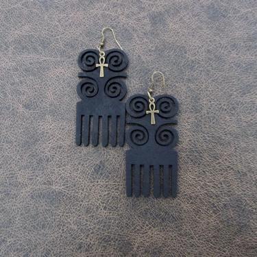Afro comb earrings, adinkra earrings, wooden earrings, Afrocentric African earrings, bold statement earrings, tribal wood earrings, black 5 