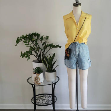 Vintage 1990s Silk Robbie Bee Button Down Top | Yellow Sleevless Top| 100% Silk Blouse 