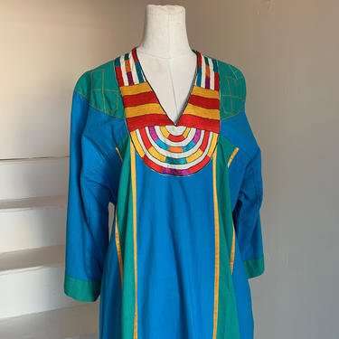 Fab 1980s Caftan Cotton Ethnic Embroidery Ribbon Indian Vintage 
