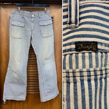 Vintage 1960’s Wrangler Flare Patch Pocket Style Railroad Stripe Jeans, 60’s Jeans, 60’s Pants, Vintage Jeans, Vintage Clothing 