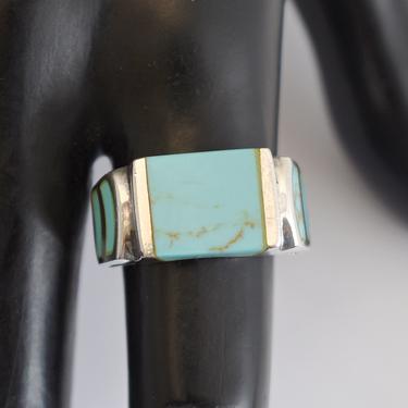 Handsome 80's sterling turquoise size 8 edgy geometric ring, unusual blue stone inlaid sides waved band statement 