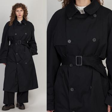 Vintage London Fog Black Trench Coat - Men's Medium, Women's Large | Unisex 90s Y2K Long Button Up Collared Duster Jacket 