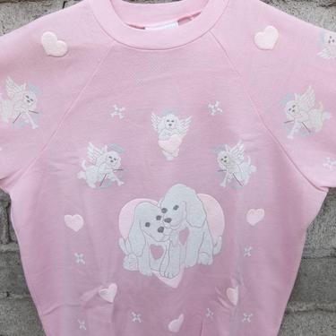 Vintage Sweatshirt 1980s Medium Oversized Puppy Love Cherubs Doggie Heaven Hearts Puffy Casual Street Grunge Double Sided Logo Pink 