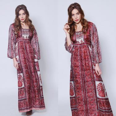 Vintage 70s INDIAN SILK Dress Burgundy ETHNIC Caftan Block Print Maxi Dress Long Sleeve Boho Dress 70s Caftan 