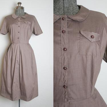 1950's Brown Shirtwaist Cotton Dress / Size Large 